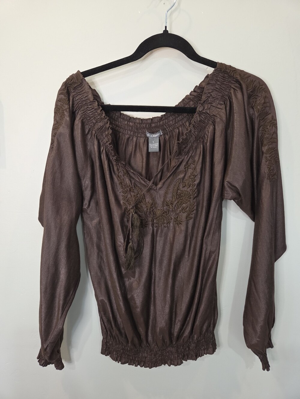 Isabella Rodriguez Brown Embroidered Off Shoulder Blouse Top Size Large Peasant